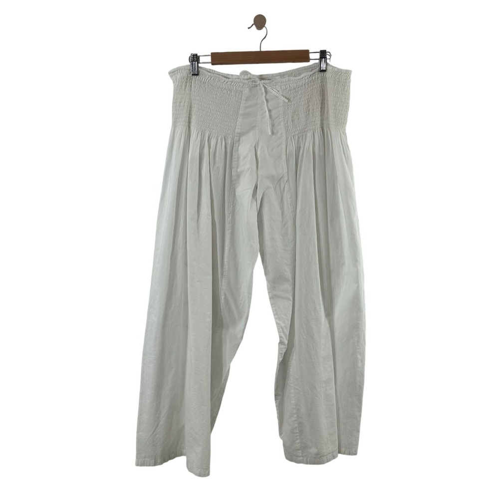 Zara Home Womens White Cotton Smocked Wide Leg Lounge Pants Size S High Rise